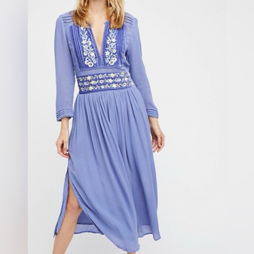 Free people Flora Blue Embroidered Midi Dress Size XS
